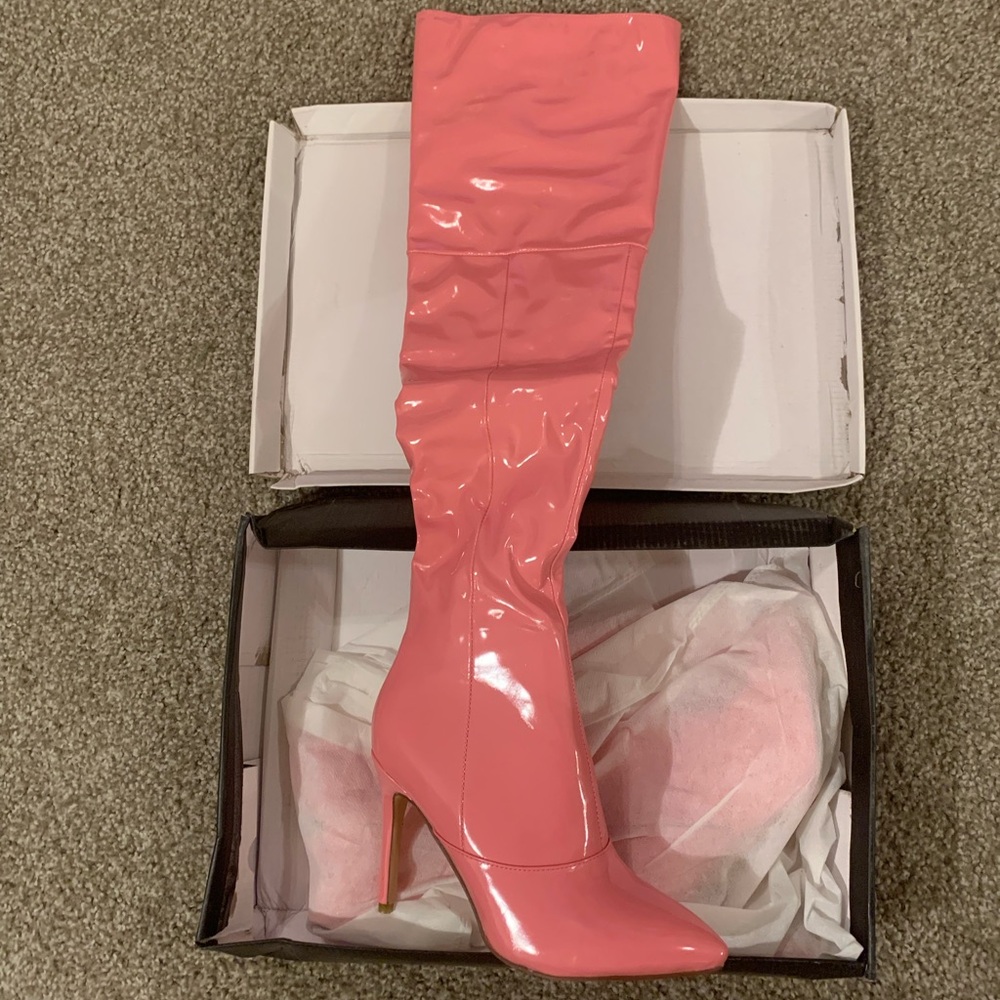 FSJ Glossy Pink Heeled Boots